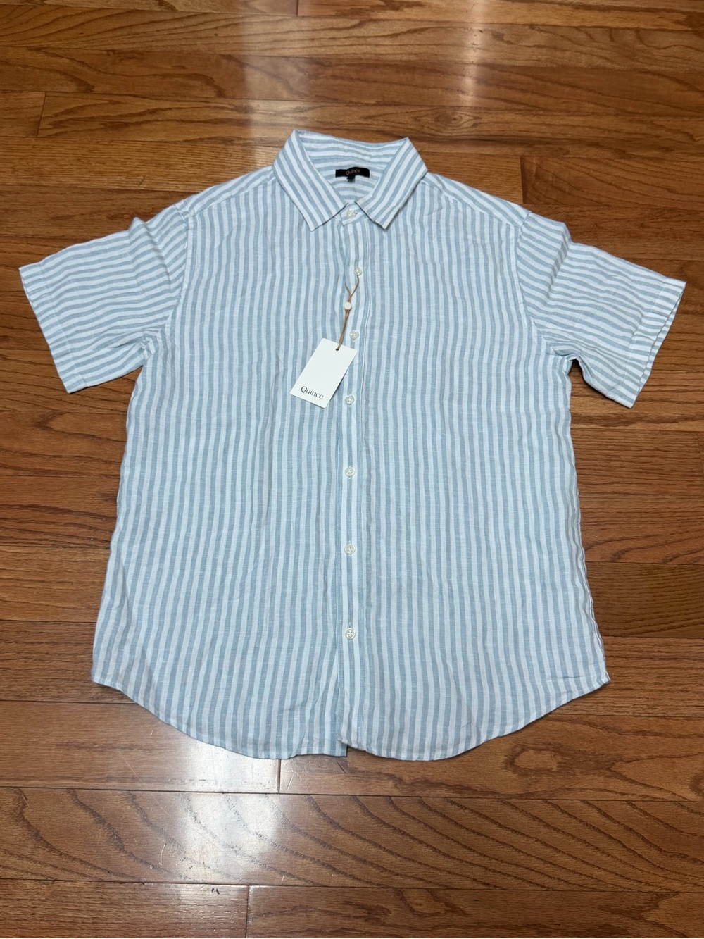 Quince Men’s European Linen Relaxed Short-Sleeve Sky Blue Mariner Stripe L NWT